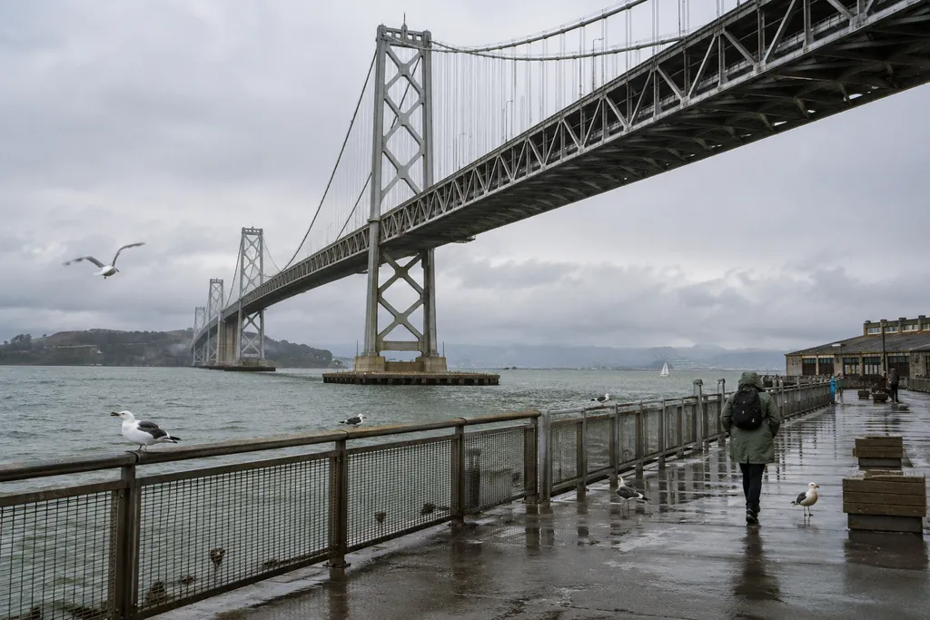 A person walks under a bridge with a railing, seagulls nearby, and a cloudy sky.