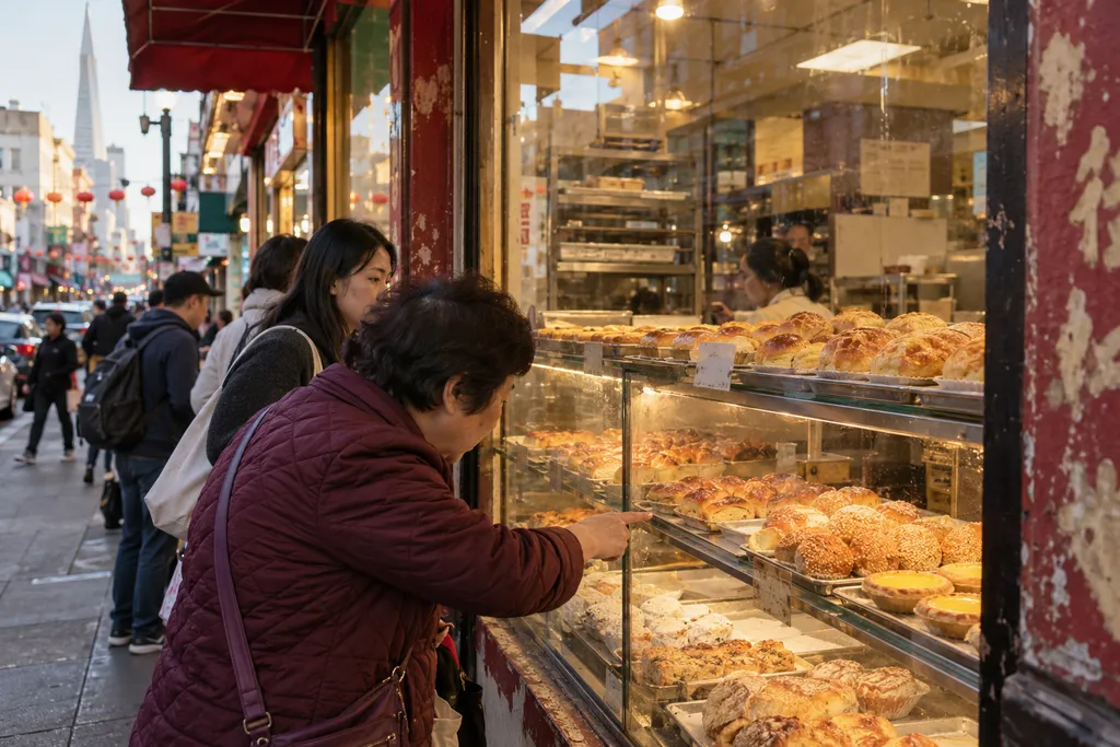 People look at pastries in a shop window.