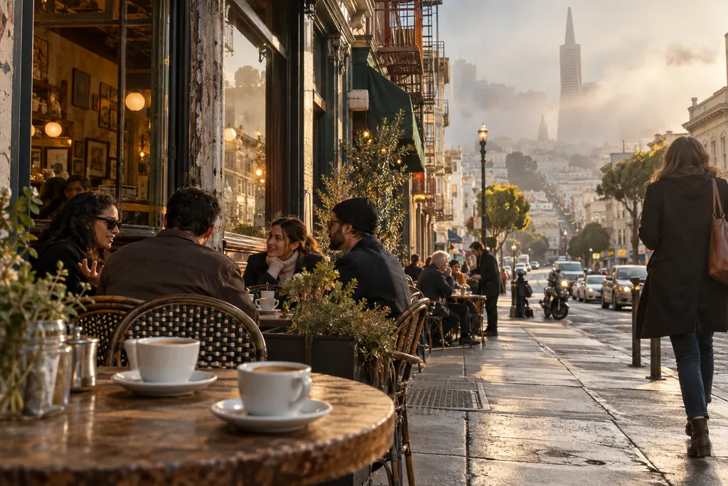 People sit at a cafe table with coffee cups, while a woman walks by.