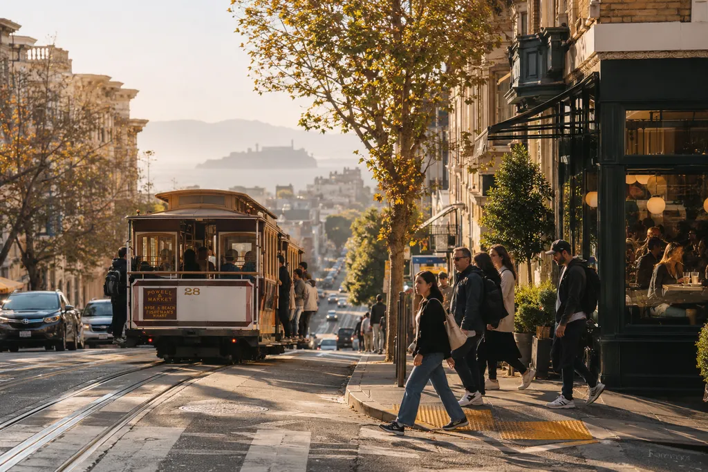 Tram on city street with pedestrians and buildings in the background.