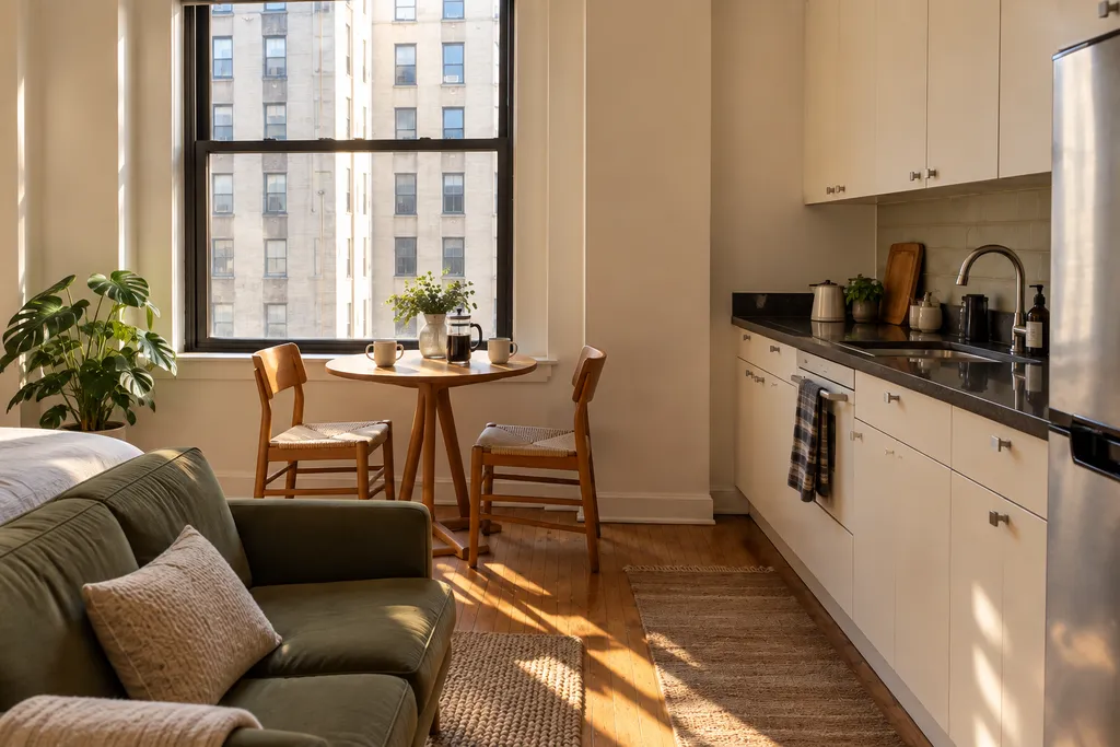 A small living room with a couch, table, and kitchen area with a window.