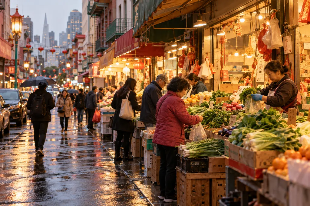 People walk past a market with fresh vegetables and produce on a rainy street.