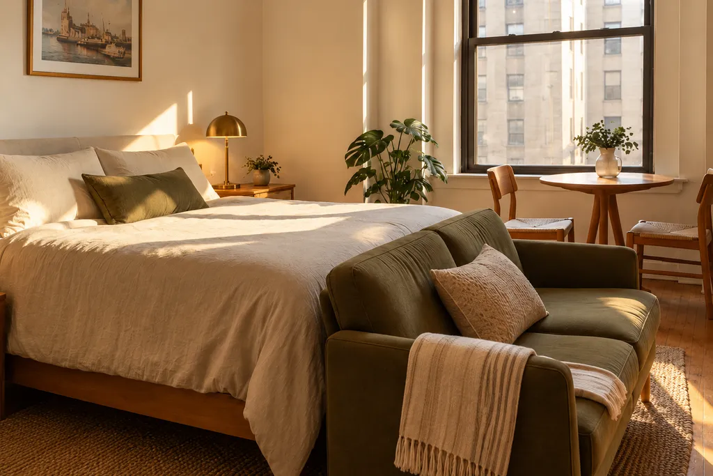A bedroom with a bed, sofa, and a small table by a window.