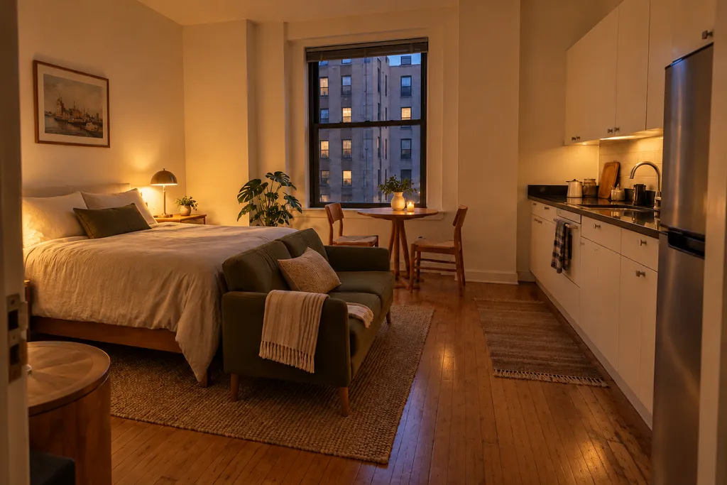 A cozy living room with a bed, couch, table, and kitchen area.