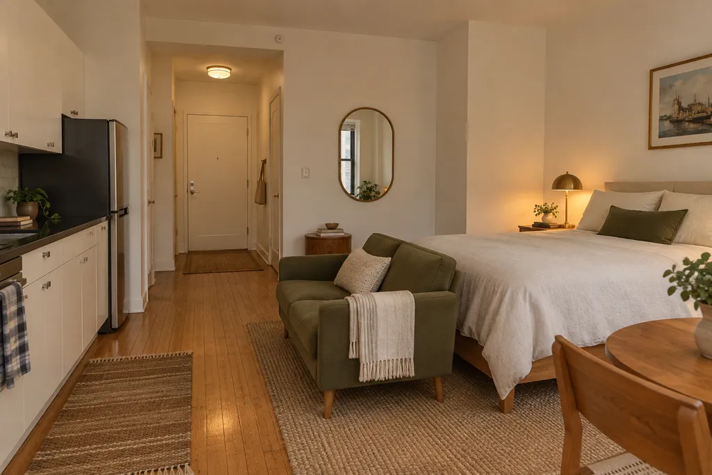 A bedroom with a bed, couch, table, and kitchen area.