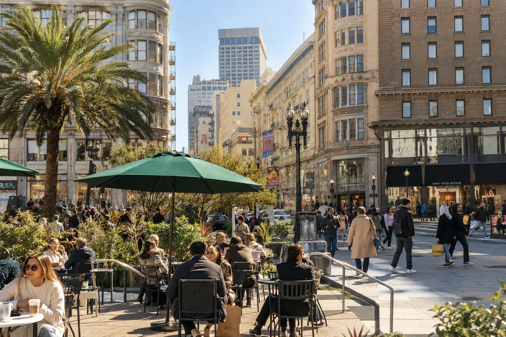 People sit at tables under umbrellas in a busy city square.