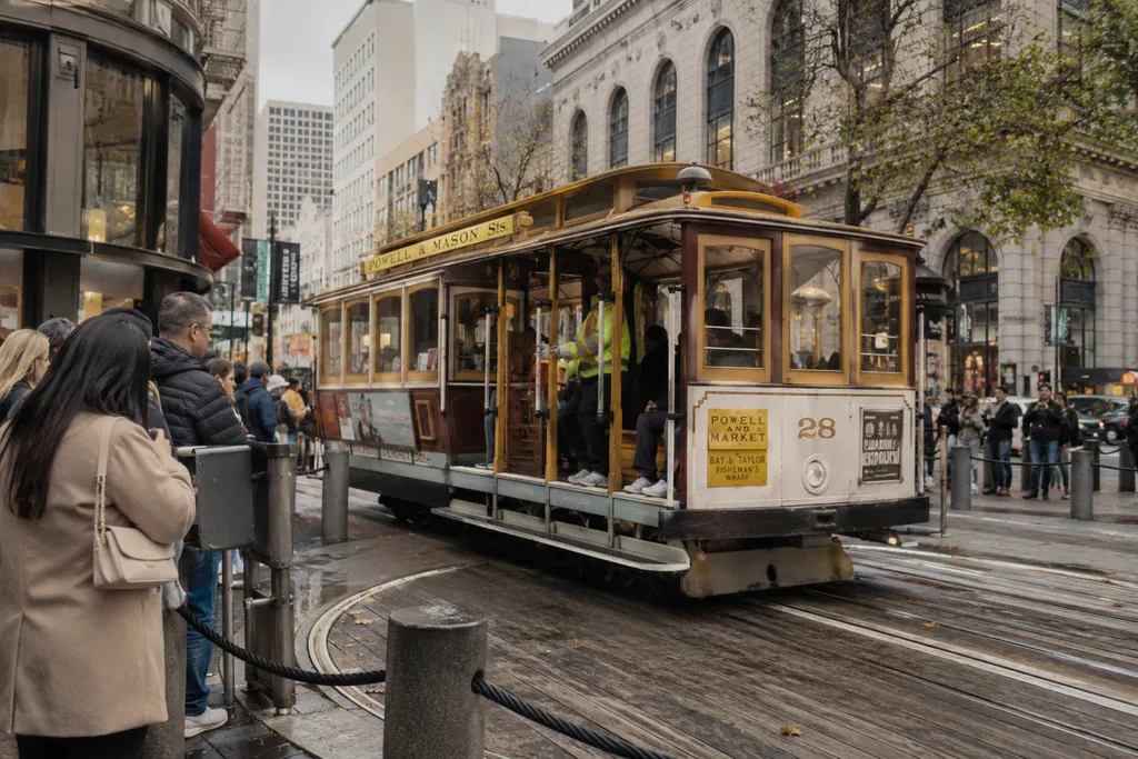 Cable car on a city street with people waiting to board.