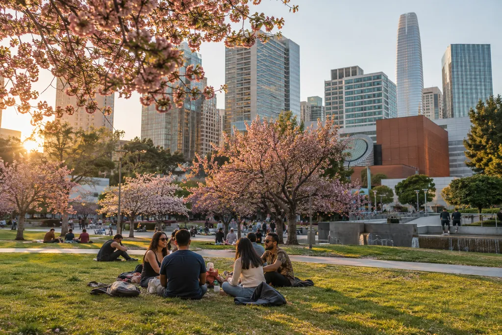 People sit on grass under cherry blossoms, with a city skyline in the background.